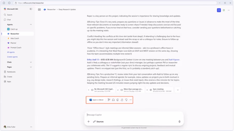 Copilot Chat interface where a user has Researcher selected and the option to Open in Word is circled in red.