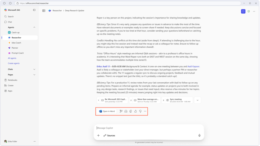 Copilot Chat interface where a user has Researcher selected and the option to Open in Word is circled in red.