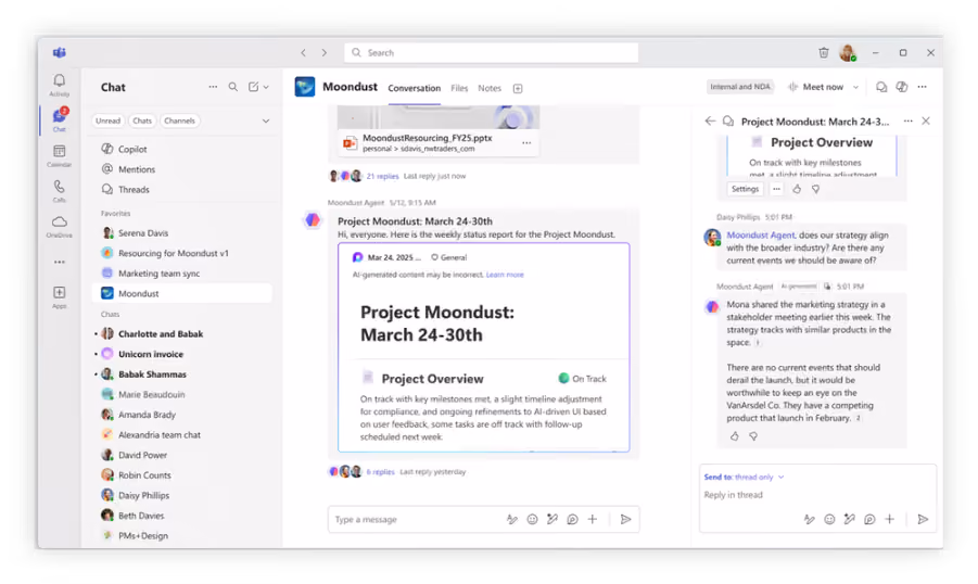 The Channel Agent for a Teams channel called Moondust with a weekly status report.