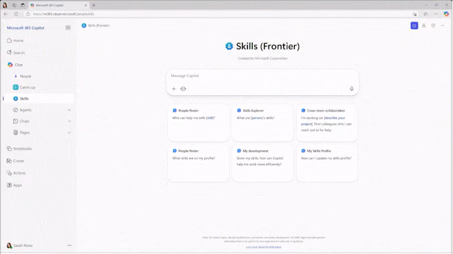 A screenshot showing Skills agent for Frontier in the Microsoft 365 Copilot app.