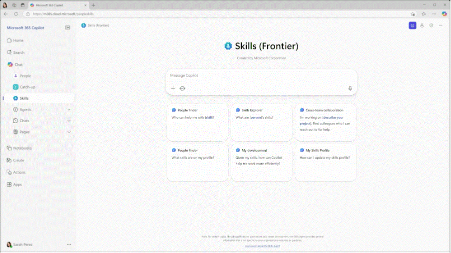 A screenshot showing Skills agent for Frontier in the Microsoft 365 Copilot app.