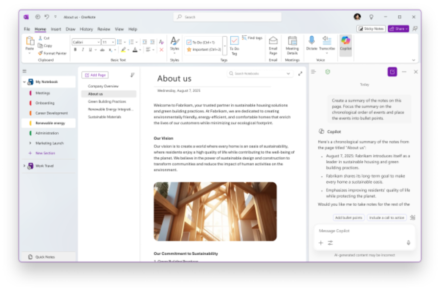 Screenshot of OneNote page showing the Copilot Chat pane