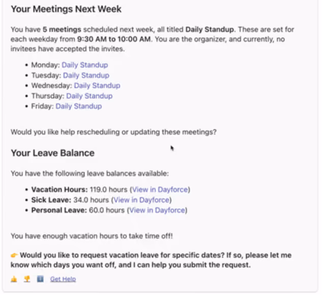A Copilot response explaining how many meetings are next week and the user’s leave balance.