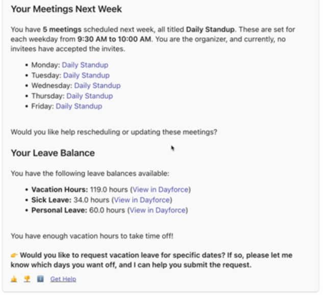 A Copilot response explaining how many meetings are next week and the user’s leave balance.