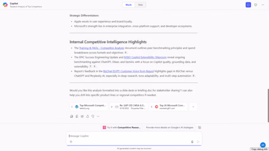 A screenshot of a Copilot chat showing Internal Competitive Intelligence Highlights and a recommendation to try the Competitive Research agent.