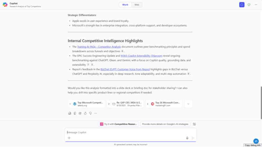 A screenshot of a Copilot chat showing Internal Competitive Intelligence Highlights and a recommendation to try the Competitive Research agent.
