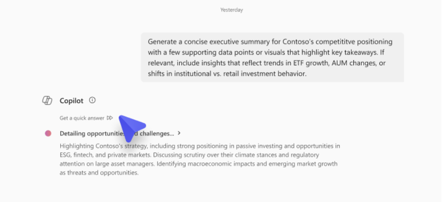 Image of Copilot Chat using the GPT-5 reasoning model and the cursor hovering over the “Get a quick answer” reasoning bypass button.