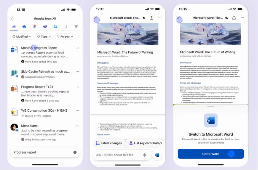 Image of opening a Word document on the Microsoft 365 Copilot iPhone app in the file preview experience, with a Copilot prompt box and prompt suggestions overlaying the preview.