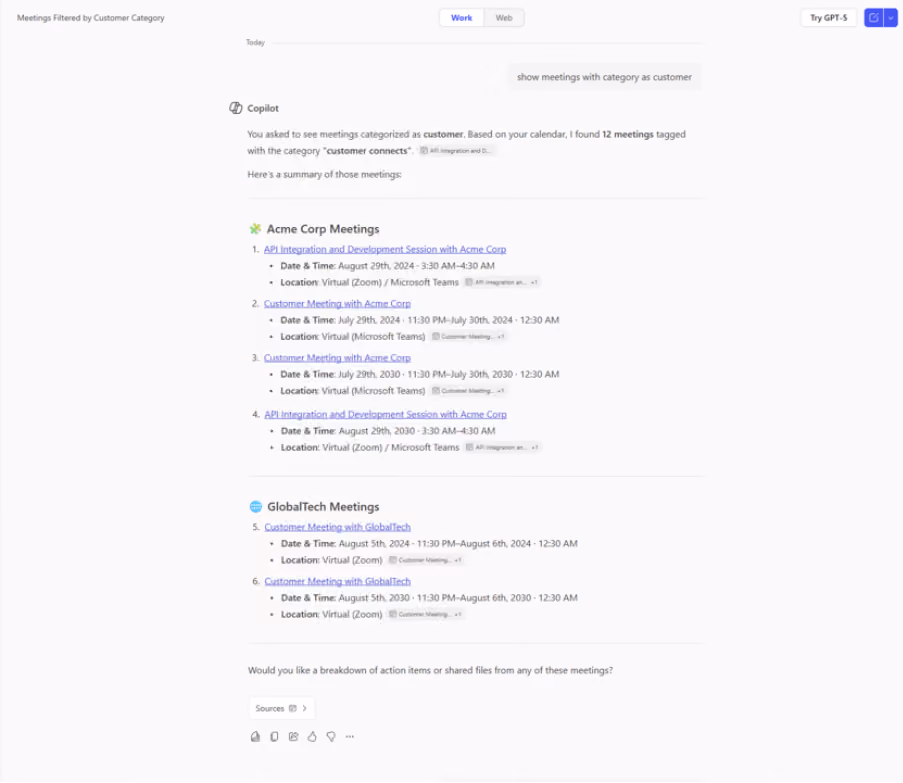 Copilot Chat interface where a user has asked to show meetings with a category as customer and Copilot responding with a list of categorized meetings.