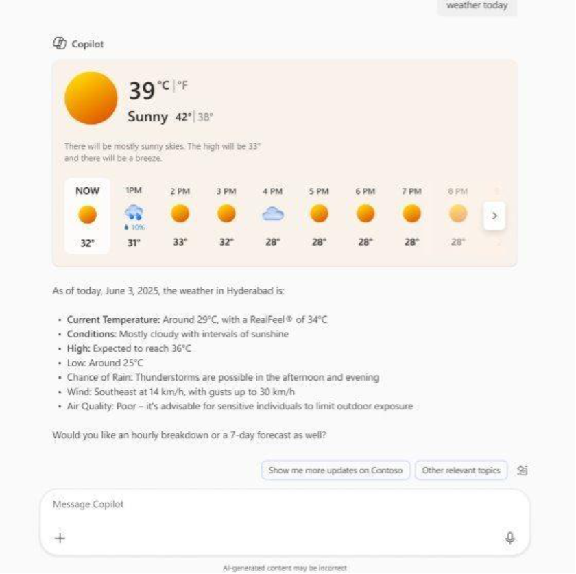 Image of a Bing web card for weather in Copilot Chat.