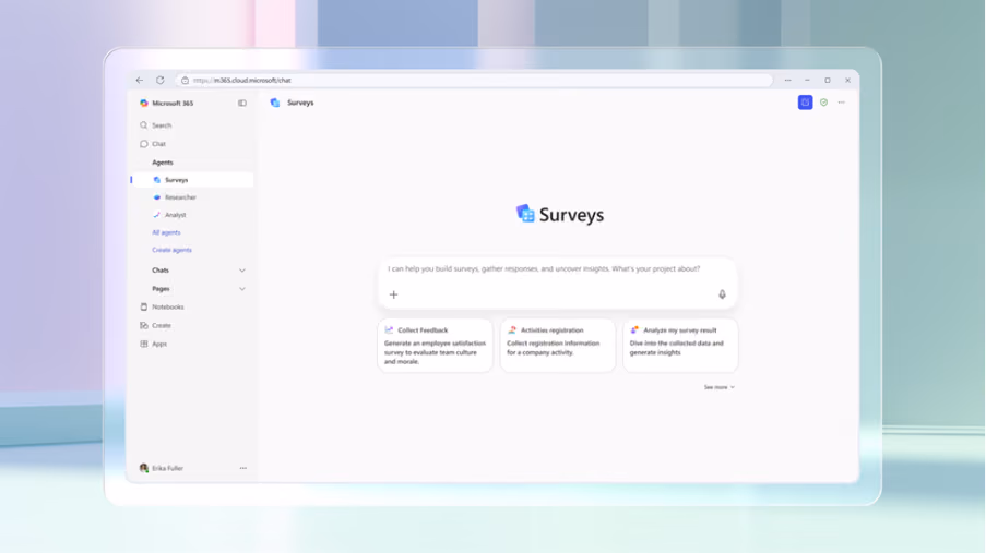 Surveys Agent interface with search bar and quick survey options in Copilot Chat.