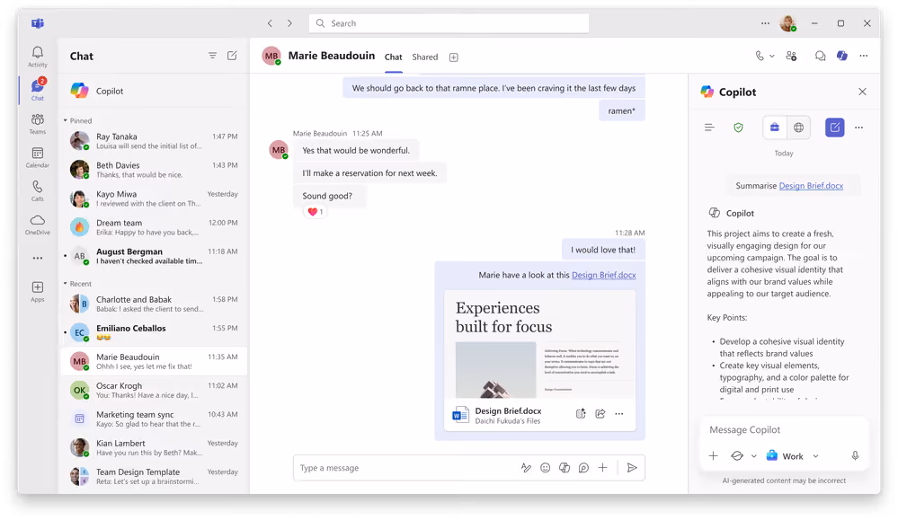 the Teams chat window, showing the Copilot file summary popup on the right side of the screen.