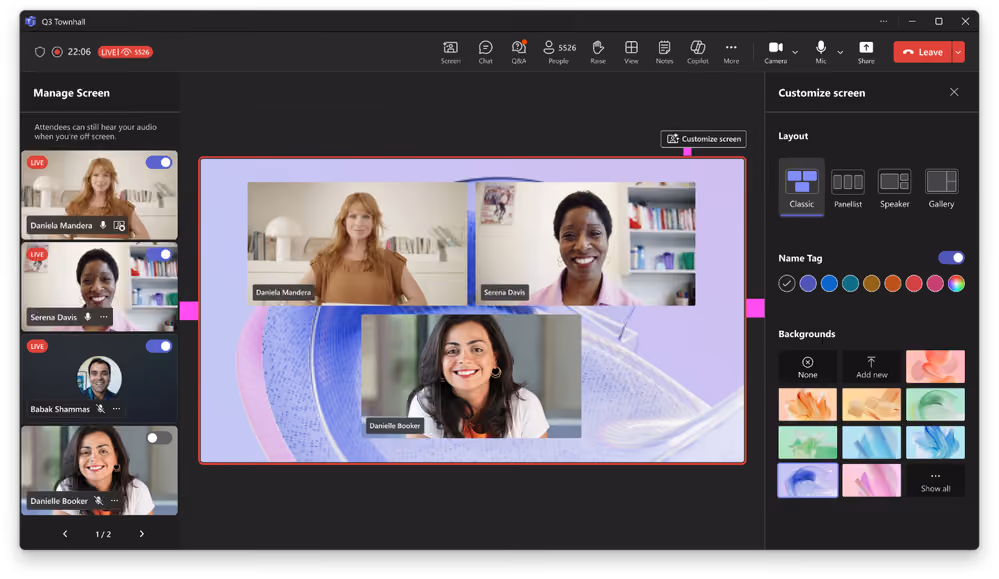 The desktop view of a town hall presenter’s “Manage What Attendees See” interface with panes for “Manage screen” and “Customize screen”