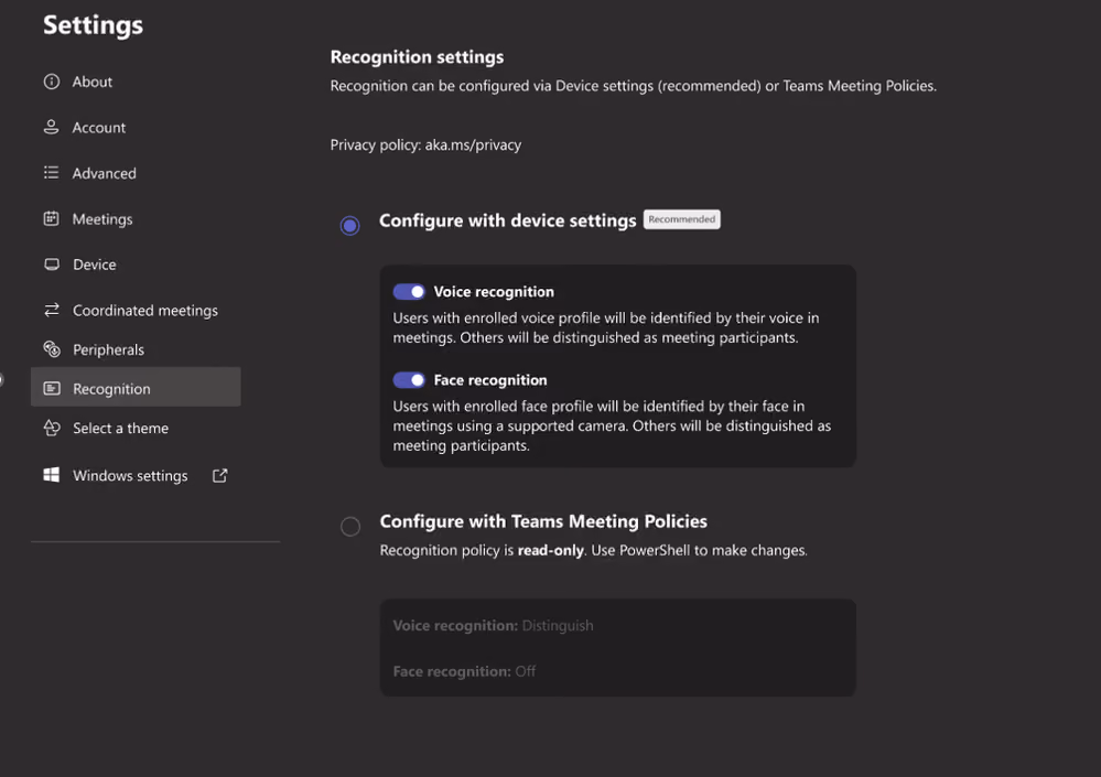 The voice and face recognition settings in Teams Rooms