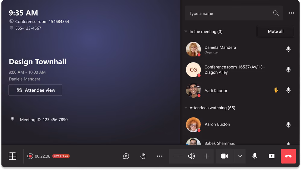 A screen showing a Town hall in progress in a Teams Room that has joined the session as an attendee.