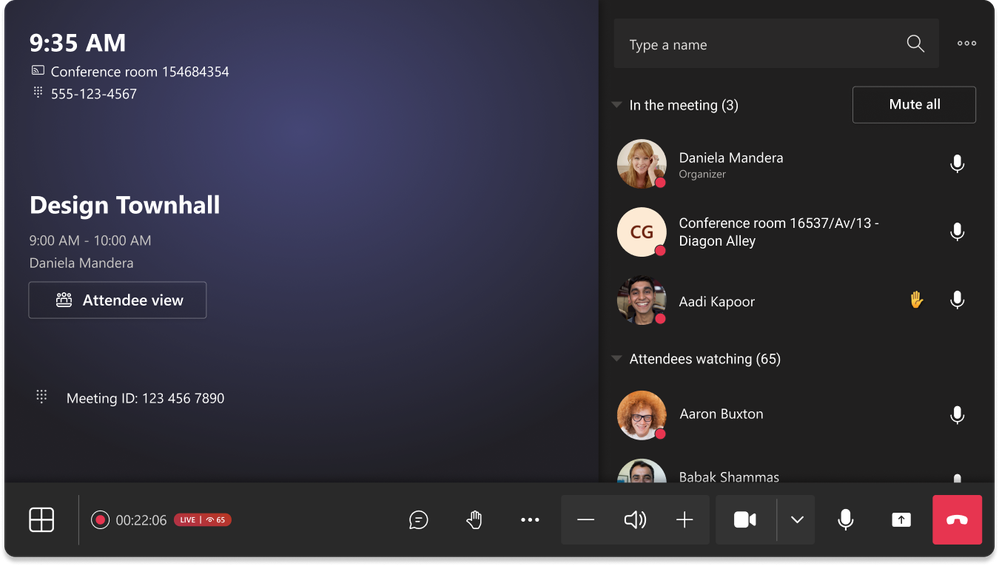 A screen showing a Town hall in progress in a Teams Room that has joined the session as an attendee.