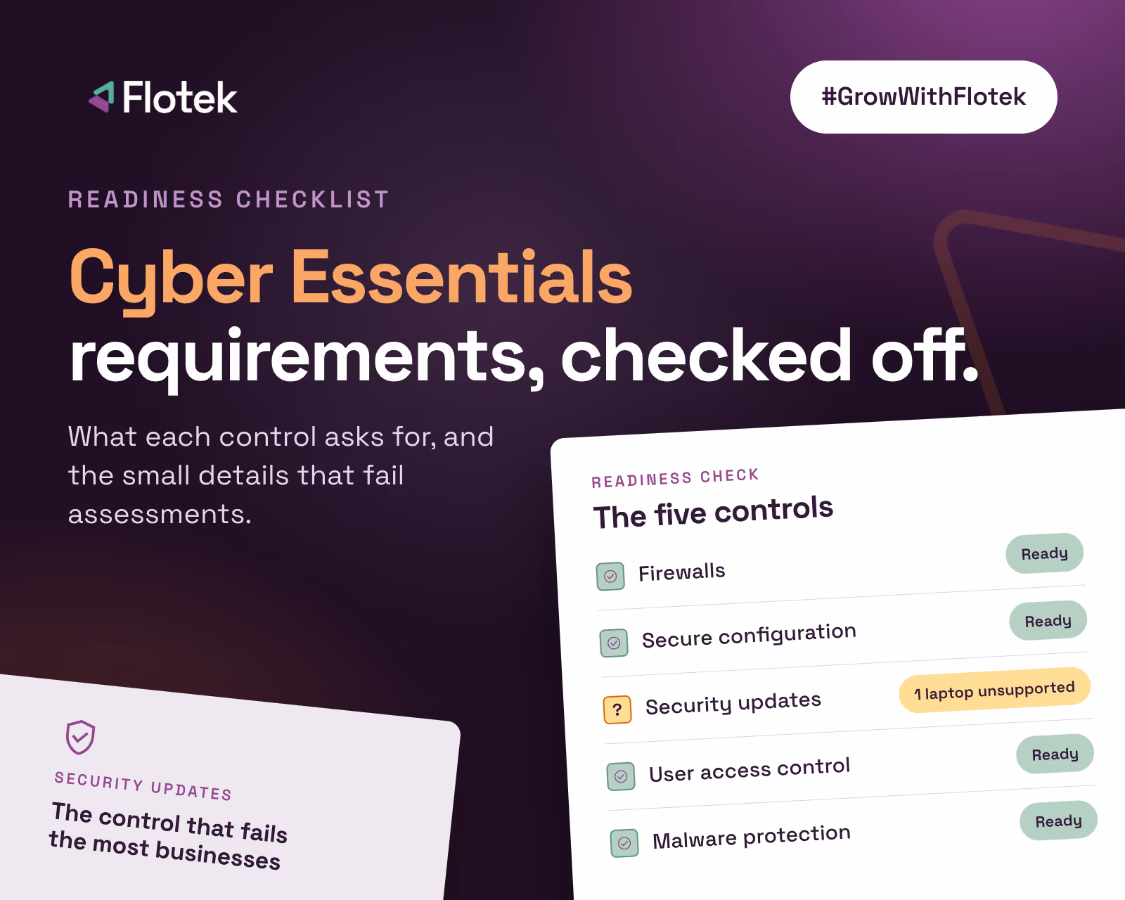 Cyber Essentials requirements checklist covering the five technical controls