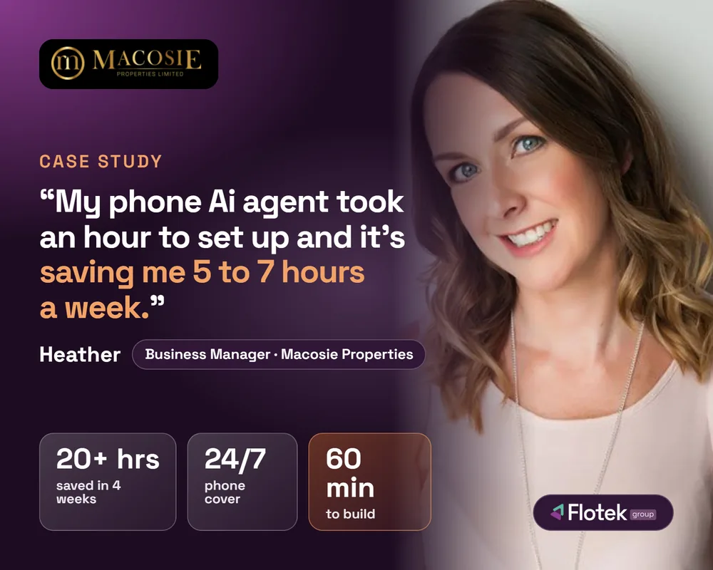 Heather, Business Manager at Macosie Properties, with her quote that her AI phone agent took an hour to set up and saves her 5 to 7 hours a week