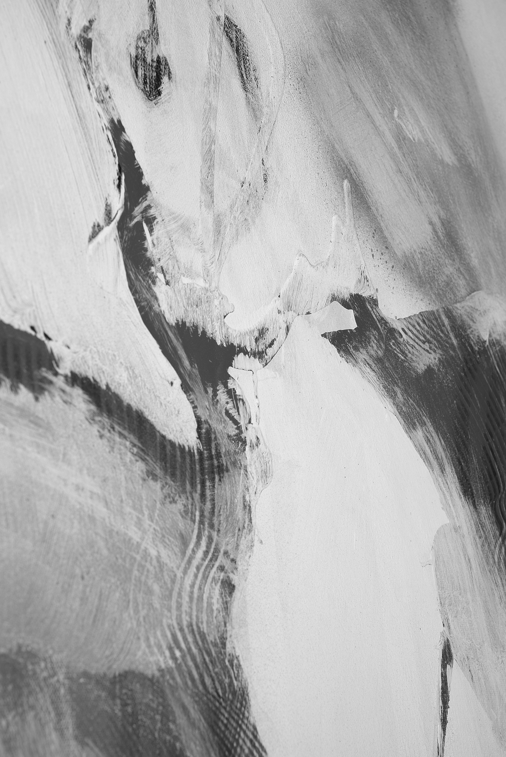 Close-up of abstract black and white textured paint strokes on canvas.