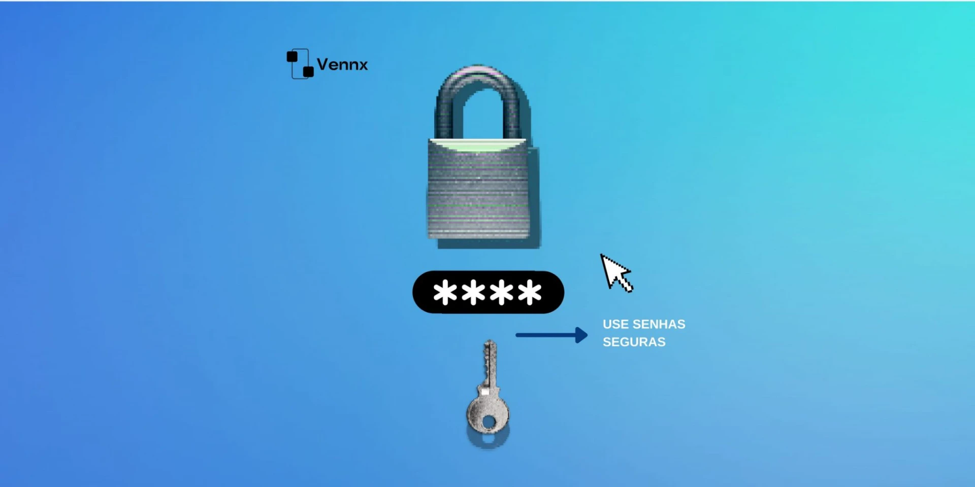 Imagem que ilustra a importância de usar senhas seguras, apresentando um cadeado e uma chave em fundo azul, promovendo a segurança digital.