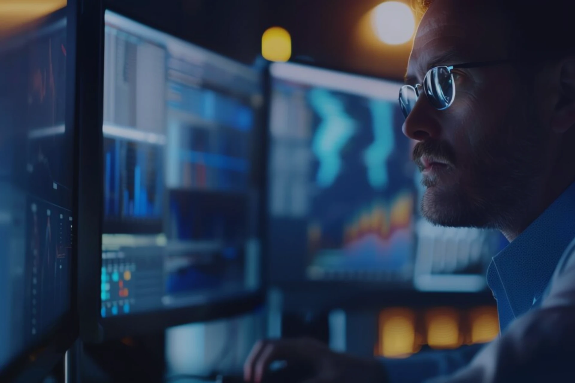Homem jovem trabalhando em computadores com gráficos e dados em um ambiente noturno. Ele está usando óculos e atento às informações na tela, mostrando um cenário tecnológico e analítico.