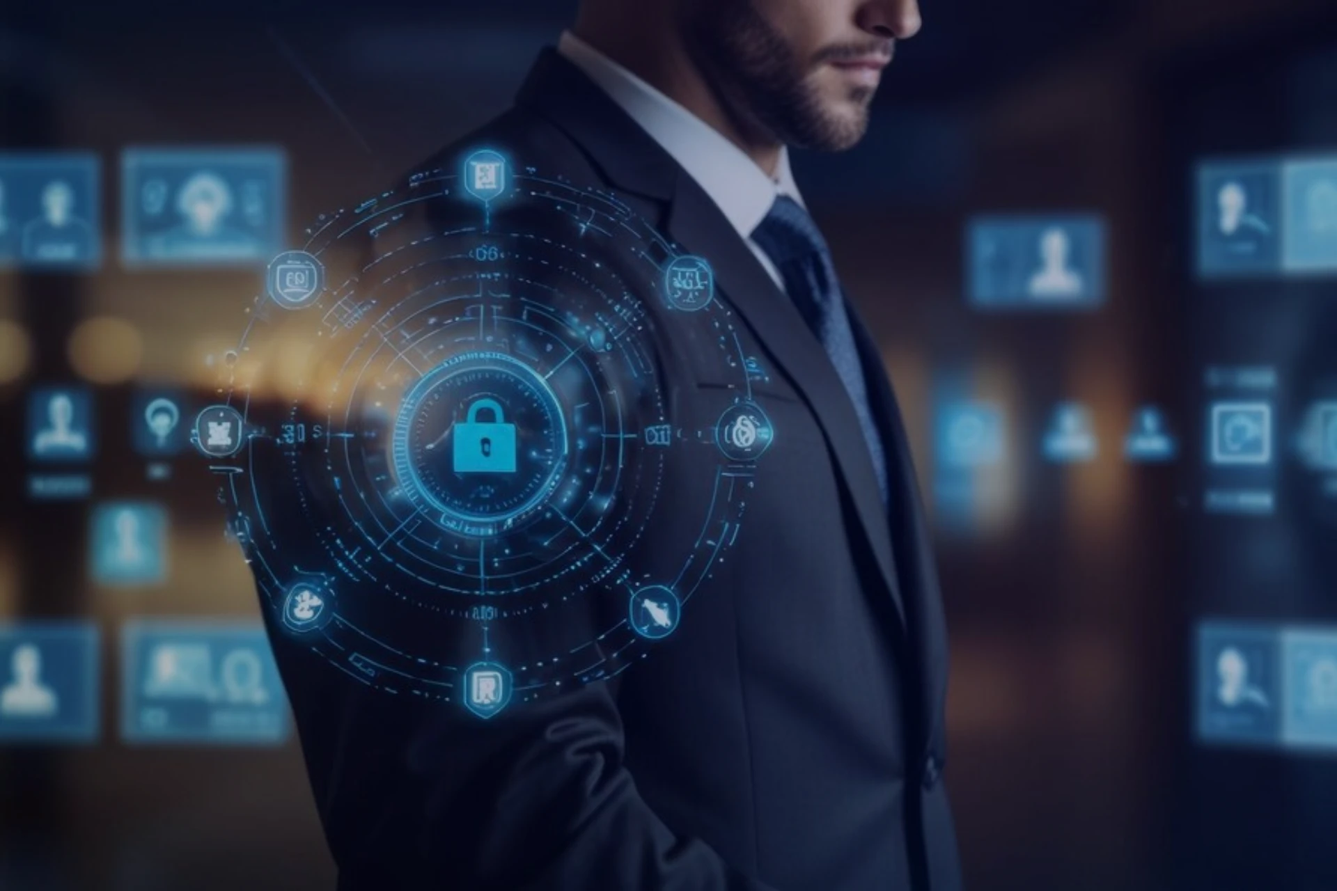 Homem em terno com tecnologia de segurança cibernética. Ícones digitais e símbolos de proteção são visíveis ao fundo, destacando a segurança de dados.