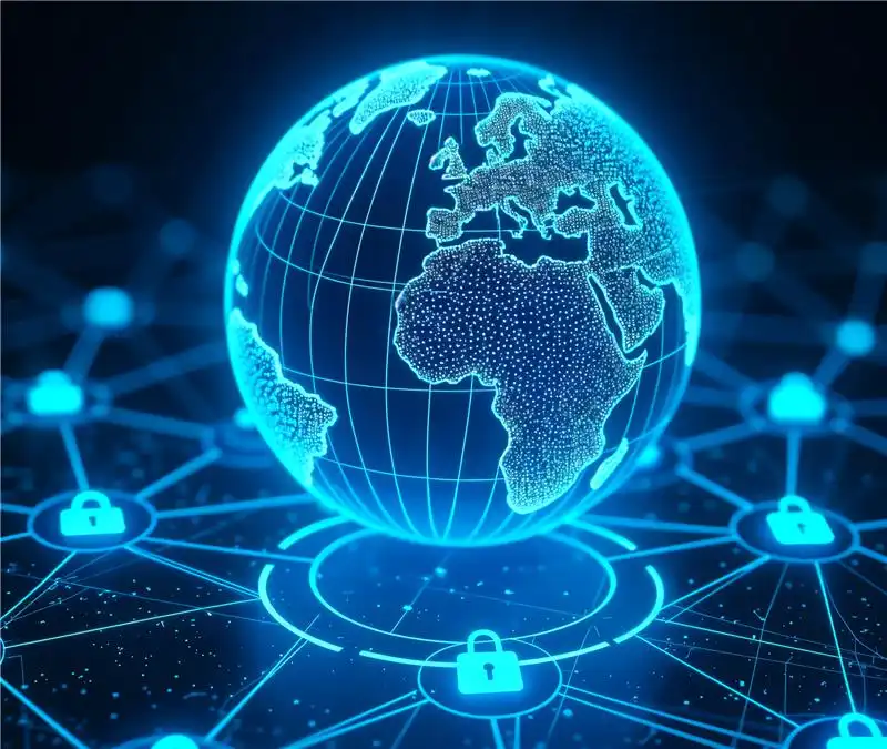 Imagem digital de um globo terrestre em tons de azul, demonstrando o conceito de segurança cibernética e proteção de dados globais com cadeados conectados.