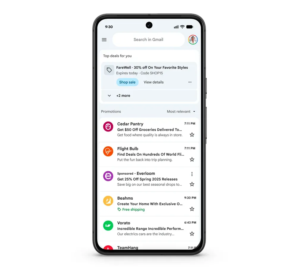Redesigned Promotions tab in Gmail sorts offers by relevancy.