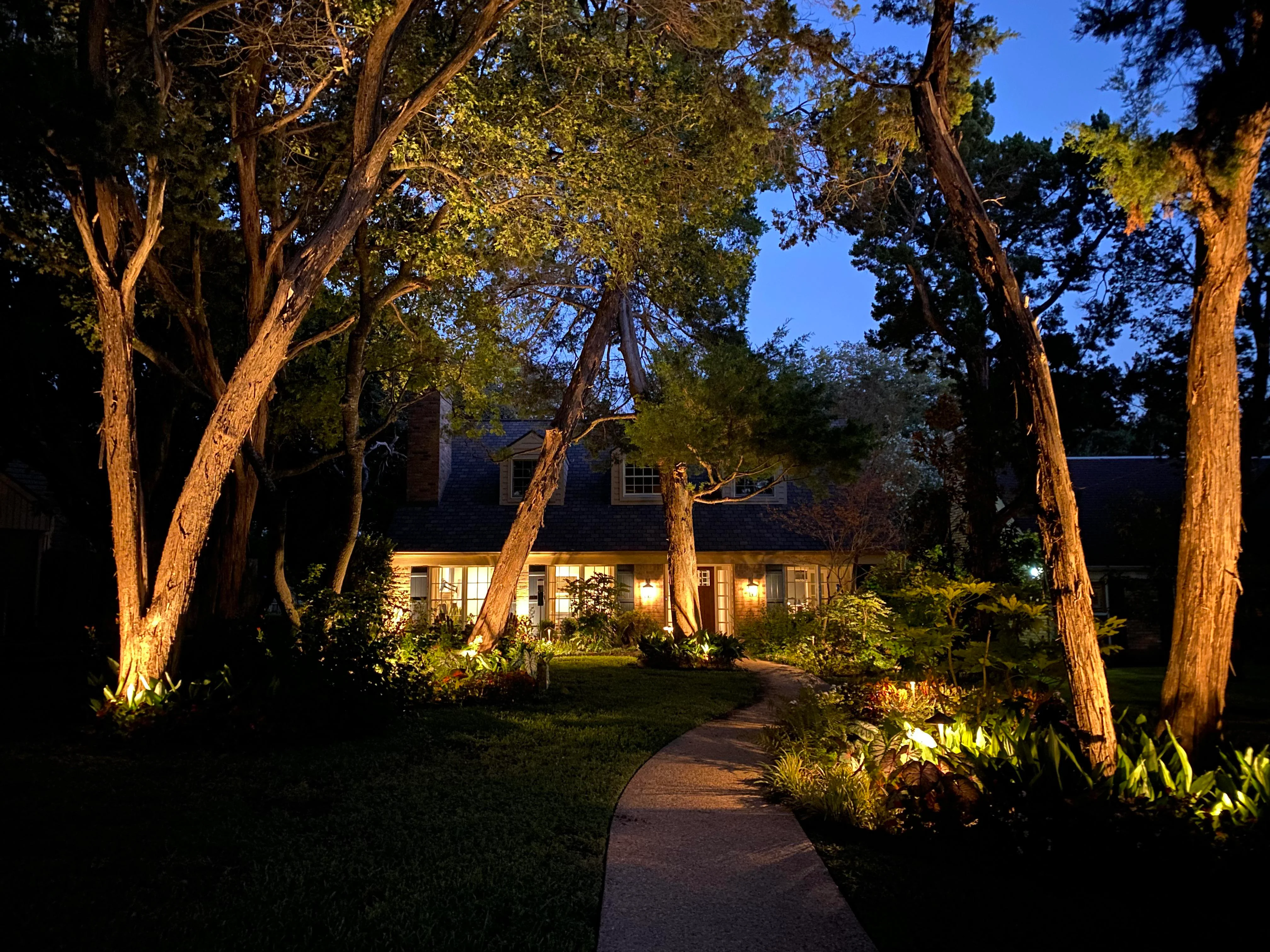 uplighting and area lighting dramatically changing the outdoor aesthetic of a home