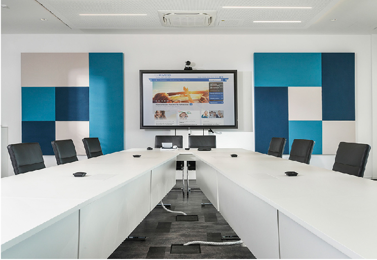biamp conference room setup with microphones, speakers and camera