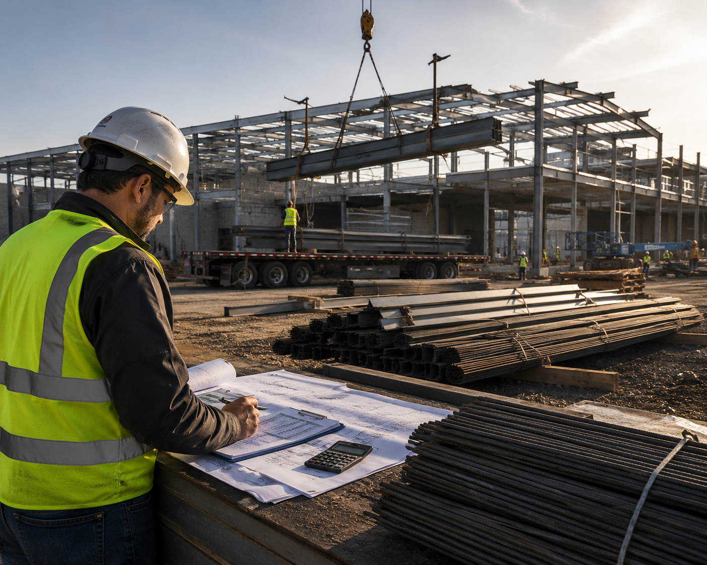 Construction worker reviewing plans on a building site