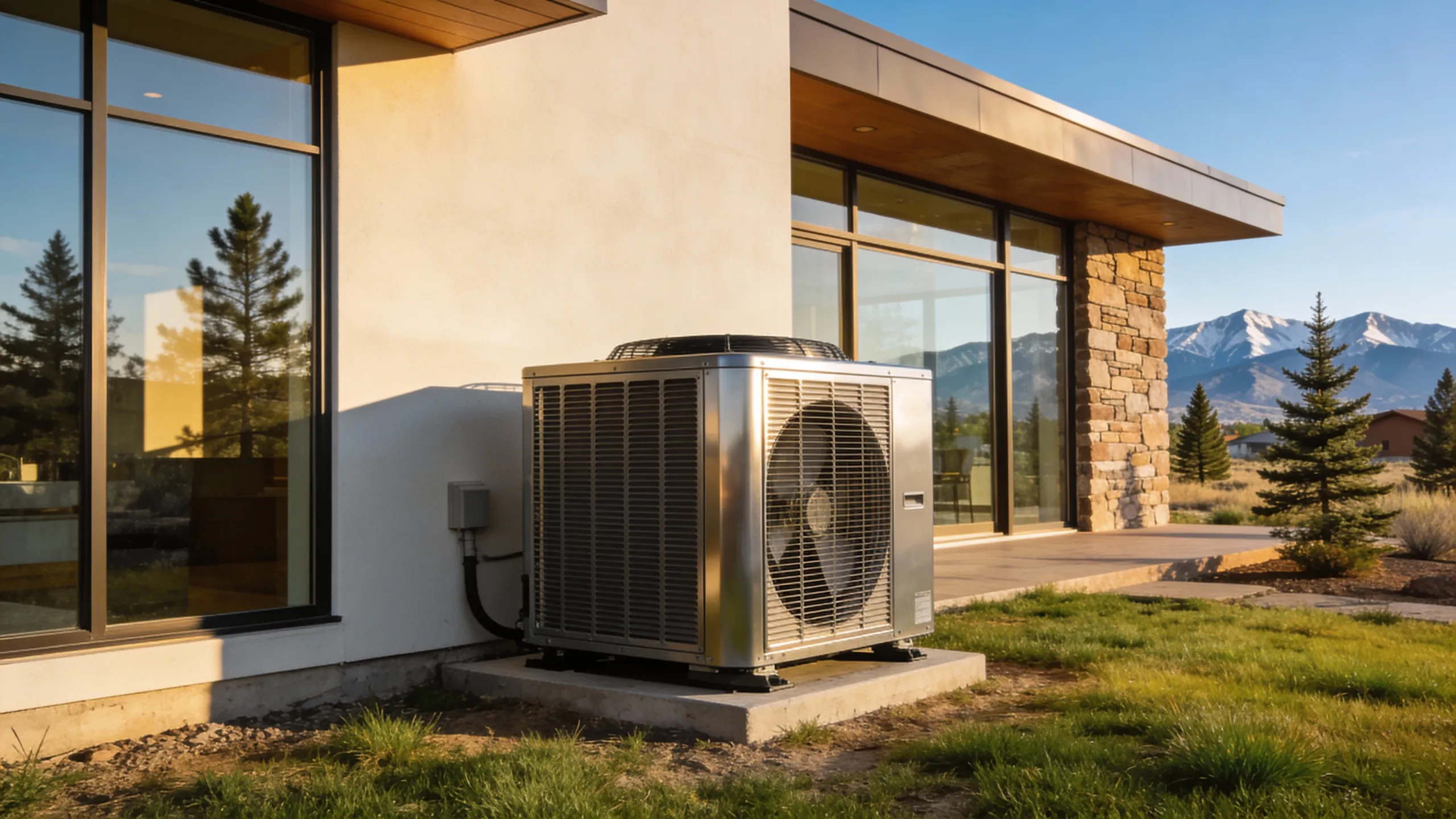 A heat pump outside of a modern Colorado home in NoCo