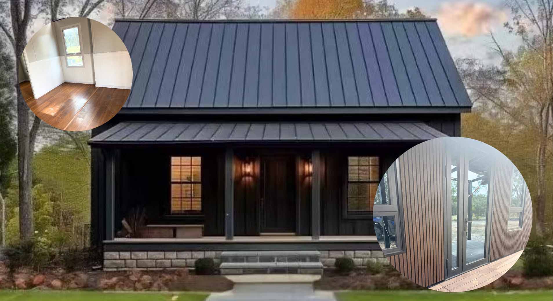 Dark modern cabin with metal roof in wooded area, inset images show wooden interior flooring and glass door entrance with wood panel exterior.