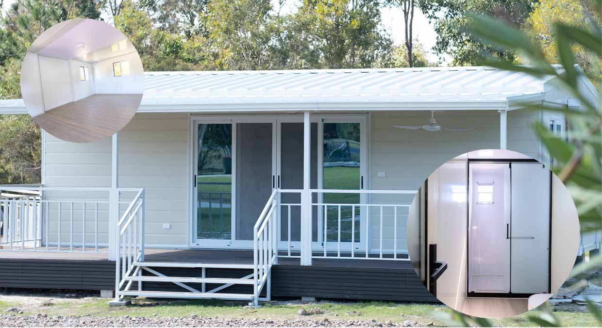 Small modern white cabin with a front porch and sliding glass doors, inset images show the empty interior with wood flooring and a bathroom with a glass shower door.