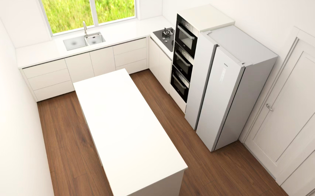 Modern white kitchen with wooden floor, large island counter, double sink under a window, built-in ovens, gas stove, and tall silver refrigerator.