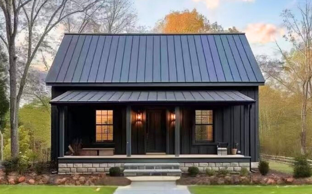 Modern black house with metal roof, front porch with two windows, and surrounding trees in autumn.