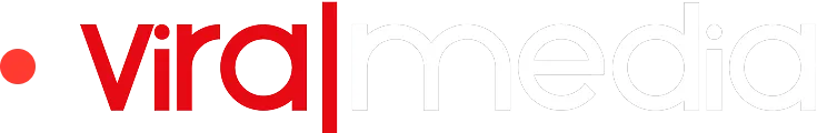 Viralmedia logo with red dot and the word viral in red and media in white.