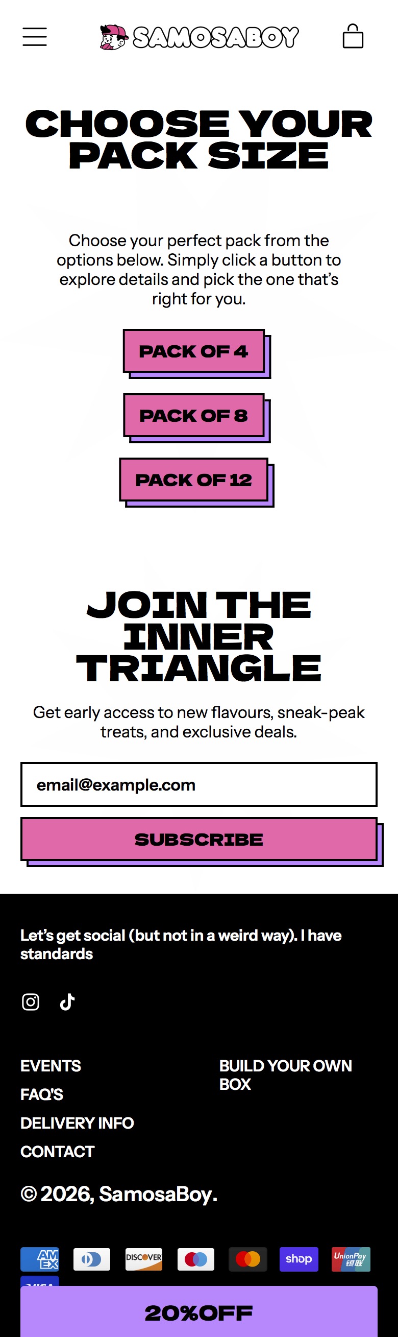 Samosa Boy pack size page before: three plain buttons with no prices