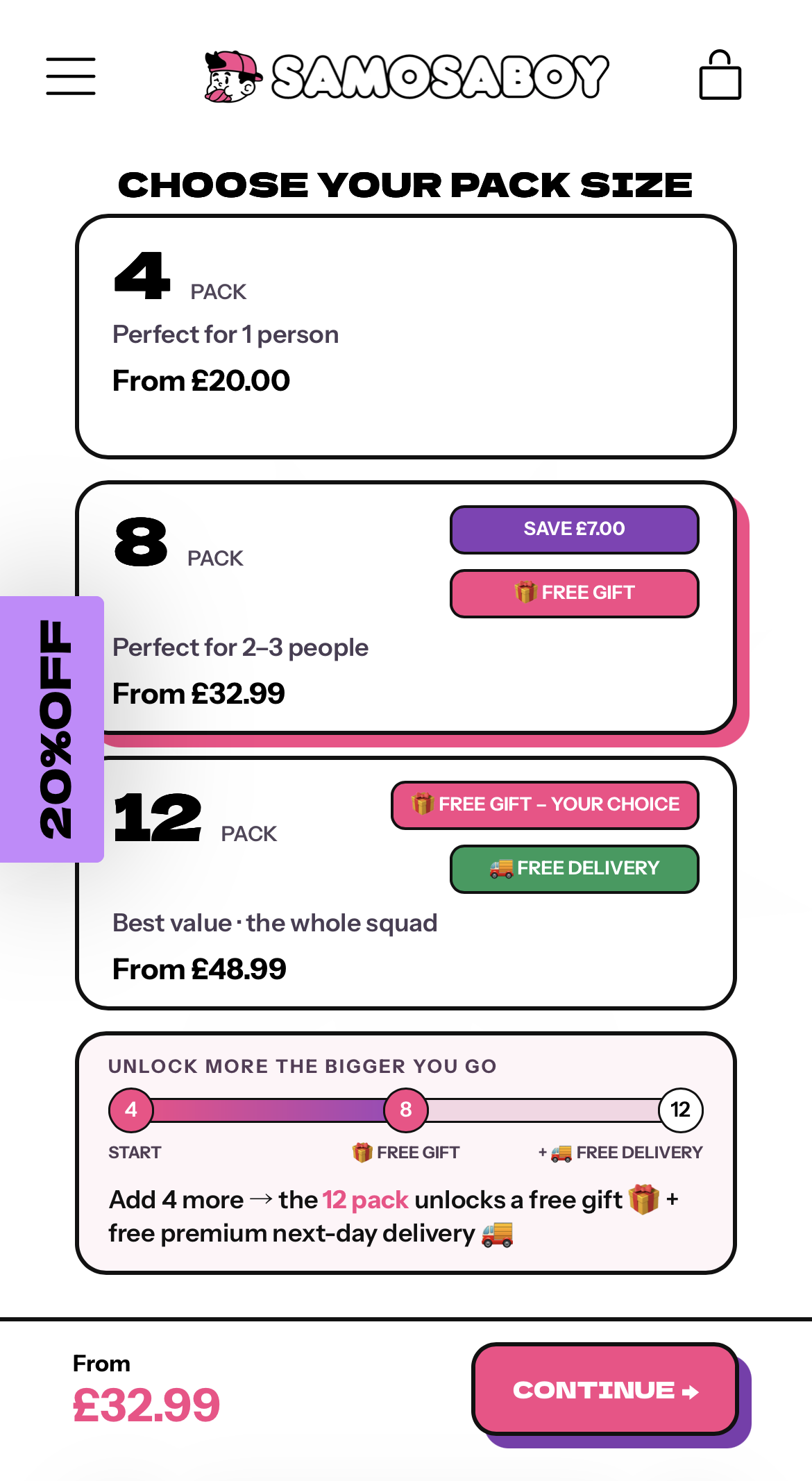 Samosa Boy pack size page after: priced pack cards, free gift and delivery unlocks, sticky continue bar