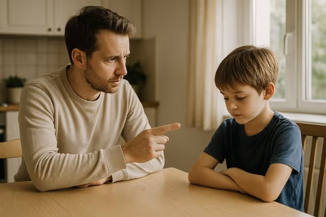 Vater kritisiert seinen Sohn am Tisch