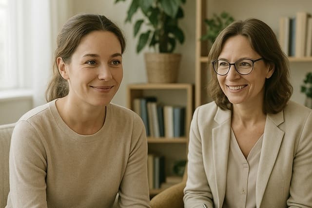 Mutter spricht vertrauensvoll mit Familiencoach