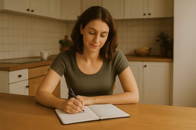 Nachdenkliche Mutter schreibt in ihr Notizbuch