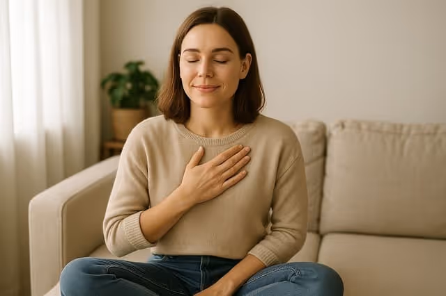 Frau sitzt ruhig mit Hand auf dem Herzen