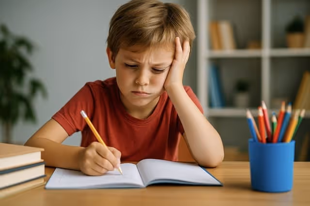 Junge verliert beim Lernen die Konzentration