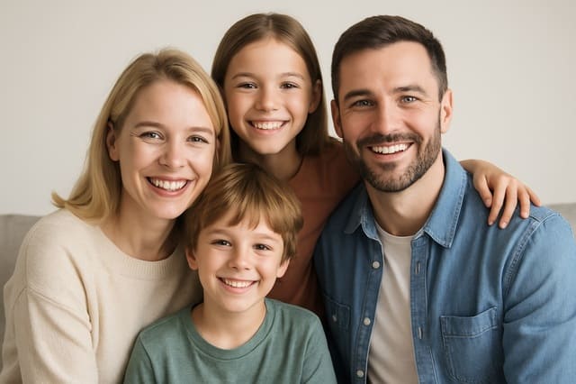 Glückliche Familie lächelt in die Kamera