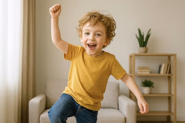 Temperamentvolles Kind springt im Wohnzimmer