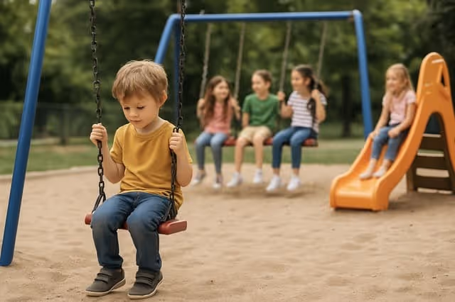 Junge sitzt allein traurig auf einer Schaukel