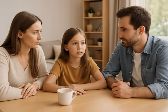 Kind spricht mit Eltern über Mobbing im Kindergarten