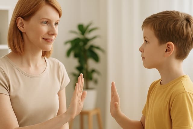 Mutter stärkt ihr Kind mit einer Geste