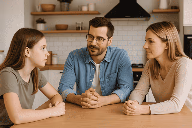 Eltern sprechen mit Tochter über die Schule